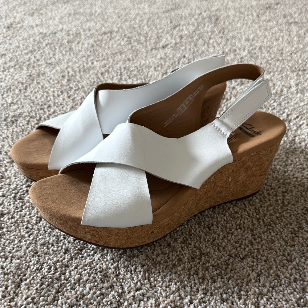 Clarks White Leather Cork Wedge Sandals Slingback Size 10